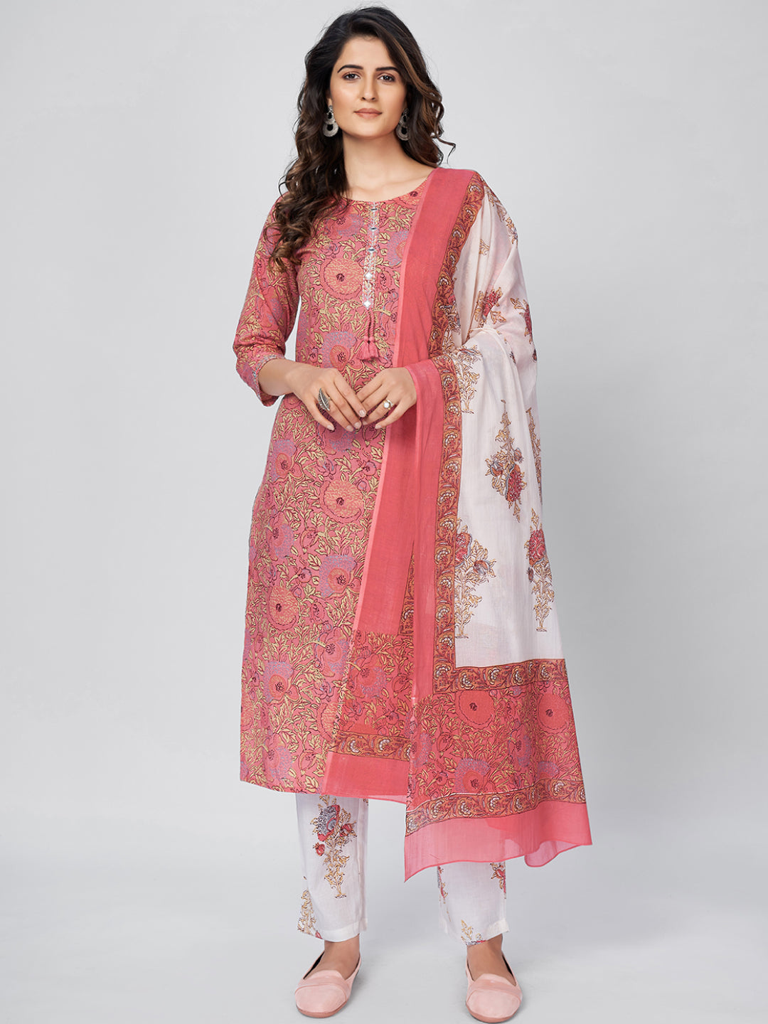 NOZ2TOZ Women's Pink Cotton Kurta & Pant With Dupatta- (3pcs set) - Noz2Toz