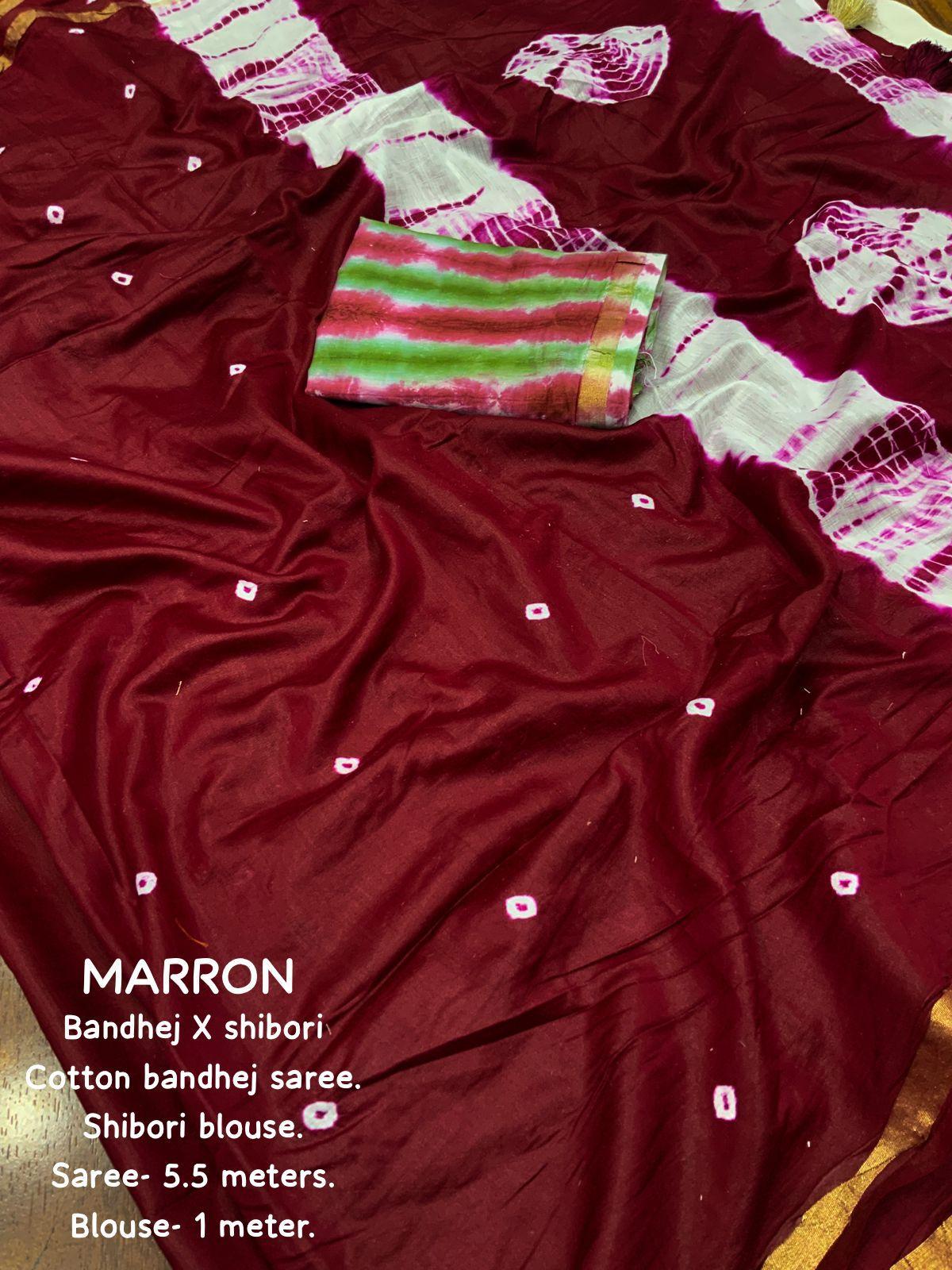 Maroon Chanderi Cotton Block Print Saree with Unstitched Blouse - Hiral Fashion | Swadesiicart