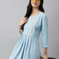 Light Blue Rayon Yoke Embroidered A-line Top - Tarini - Swadesiicart