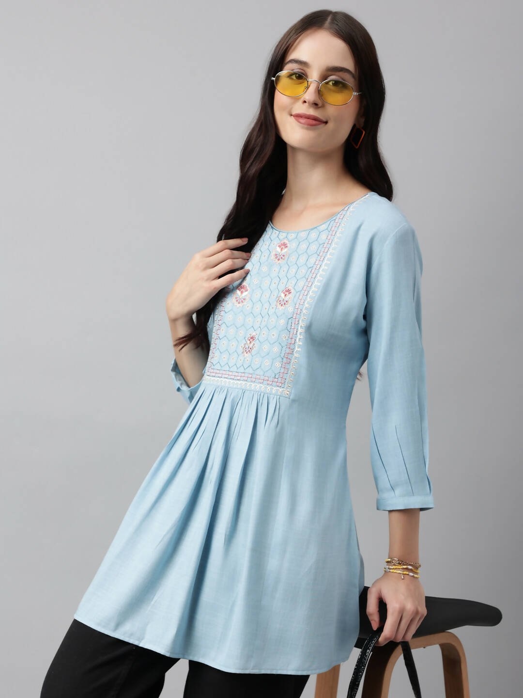 Light Blue Rayon Yoke Embroidered A-line Top - Tarini - Swadesiicart
