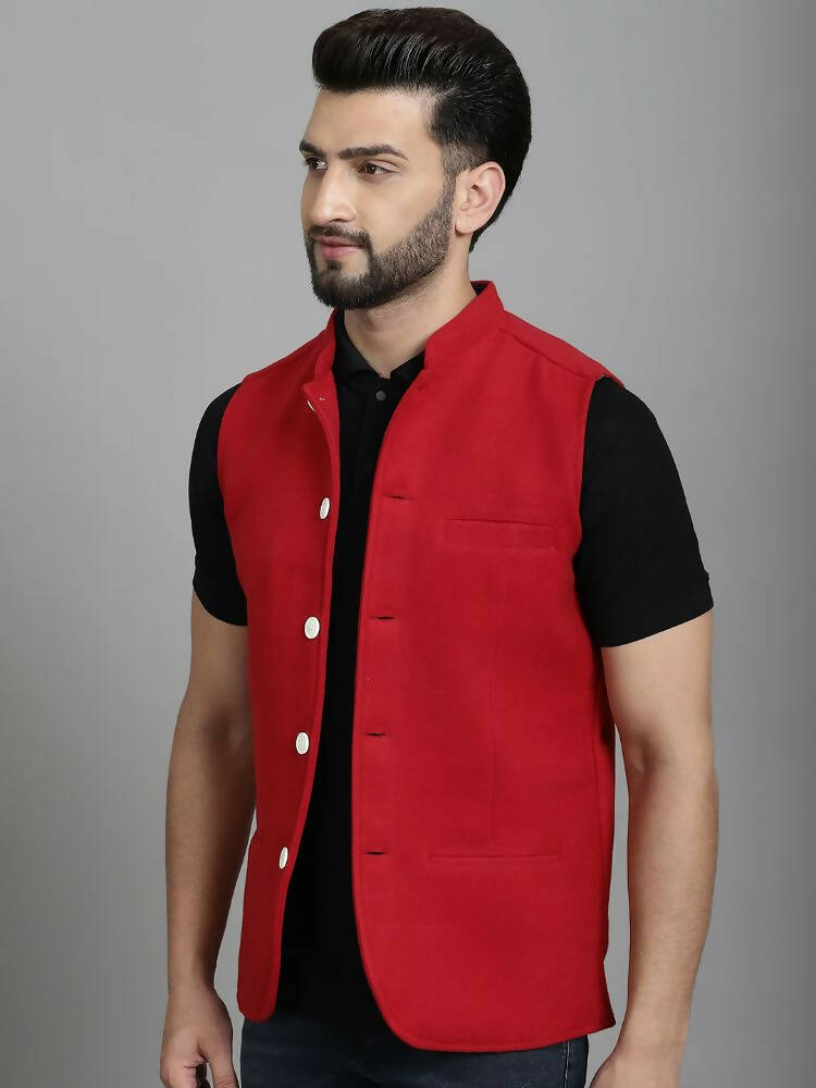 Even Apparels Nehru Jacket With Welt Pockets - Red | Swadesiicart