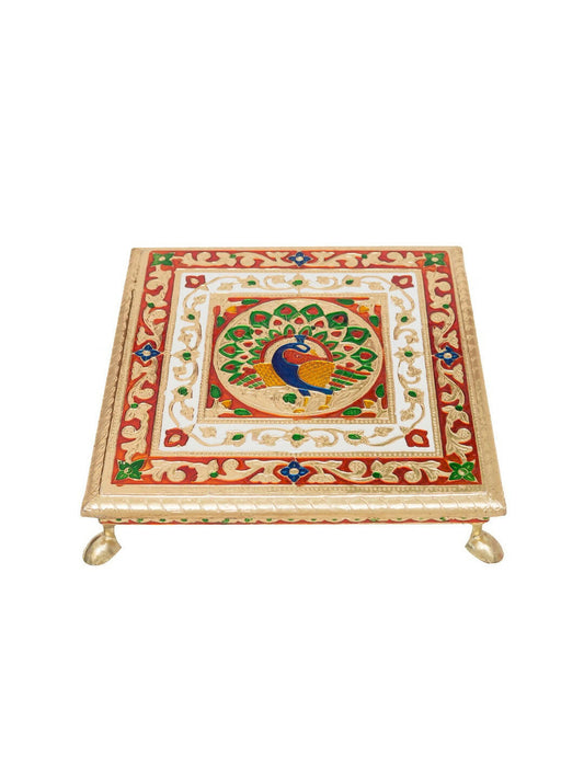Golden Peacock Gold-Toned & Red Handcrafted Minakari Peacock Design Wooden Chowki | Swadesiicart