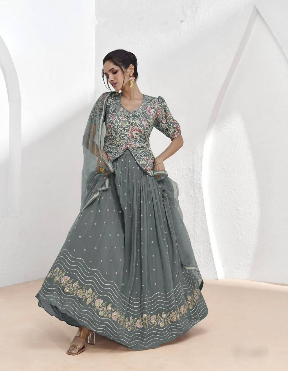 Lorenvalley Fashion Grey Faux Georgette Embroidery with Sequince Work Salwar Lehenga Stitched | Swadesiicart