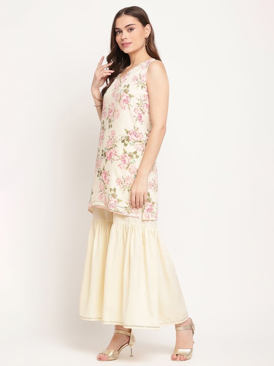 Ahalyaa Women's Beige Crepe Digital Floral Print Kurta Sharara Set with Dupatta | Swadesiicart