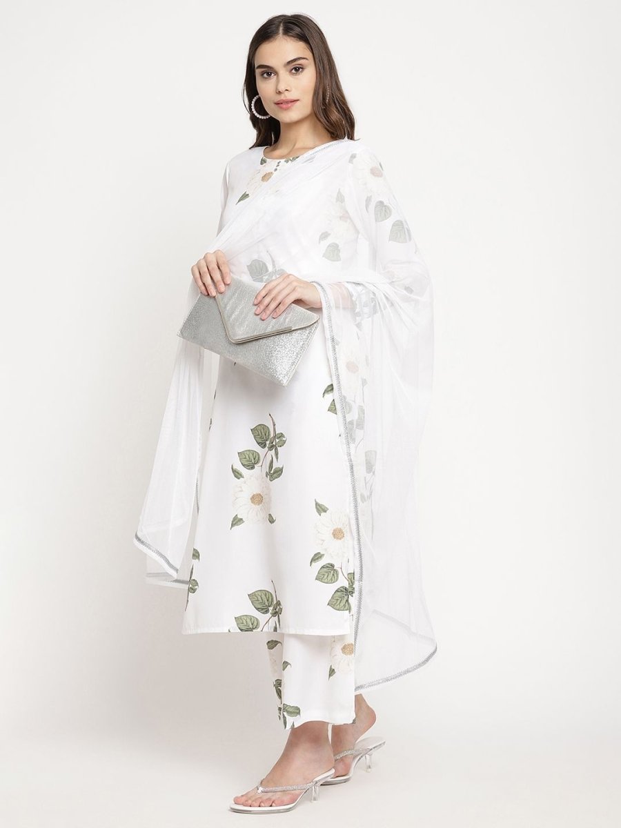 Ahalyaa Women's White Crepe Digital Print Kurta Palazzo Set With Dupatta | Swadesiicart
