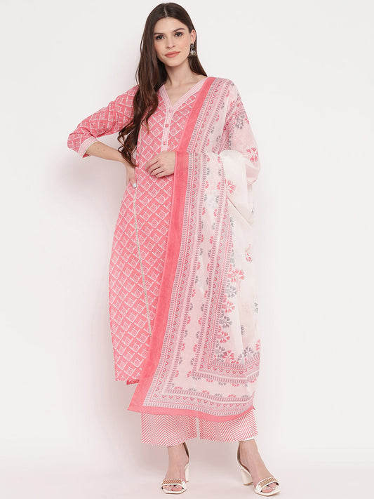 NOZ2TOZ Women Light Pink Cotton Kurta With Palazzo & Dupatta (3Pcs Set) - Noz2Toz