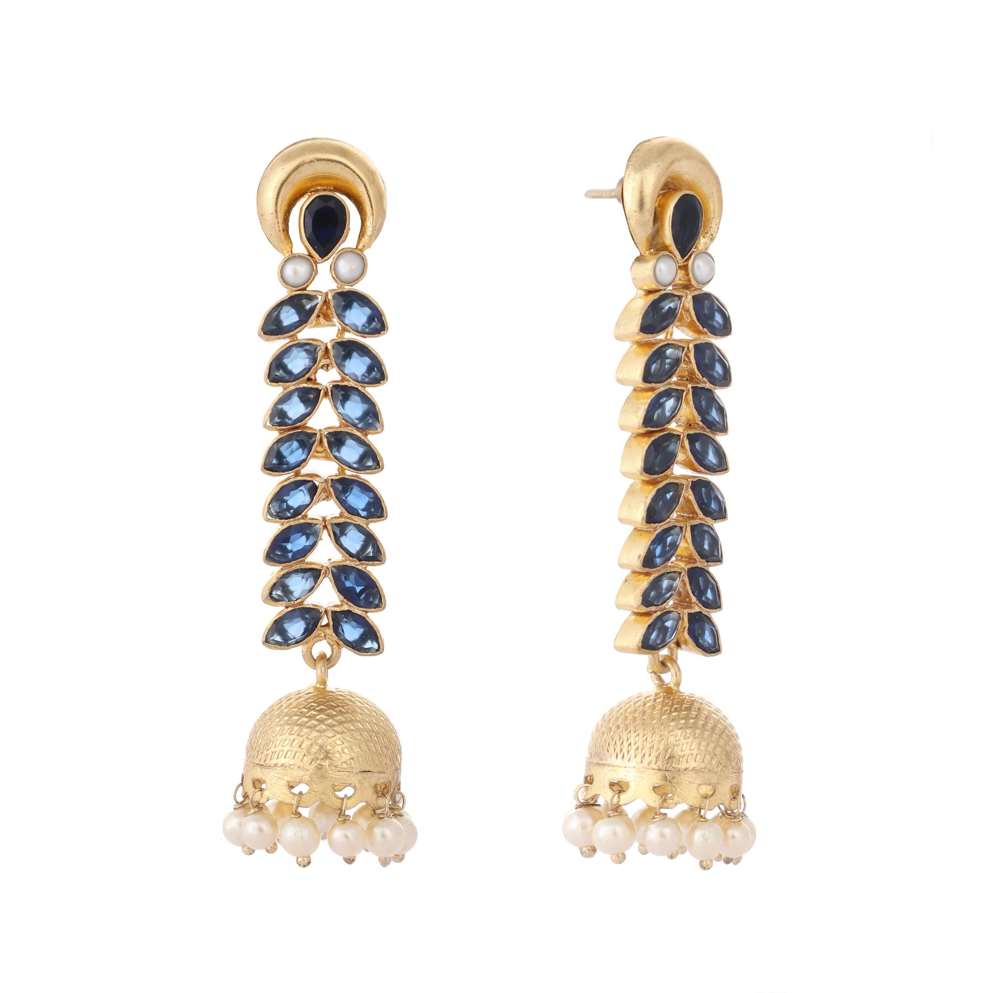Nuyug 22K Gold-Plated Blue Onyx & Pearl Studded Dome Shaped Jhumkas | Swadesiicart