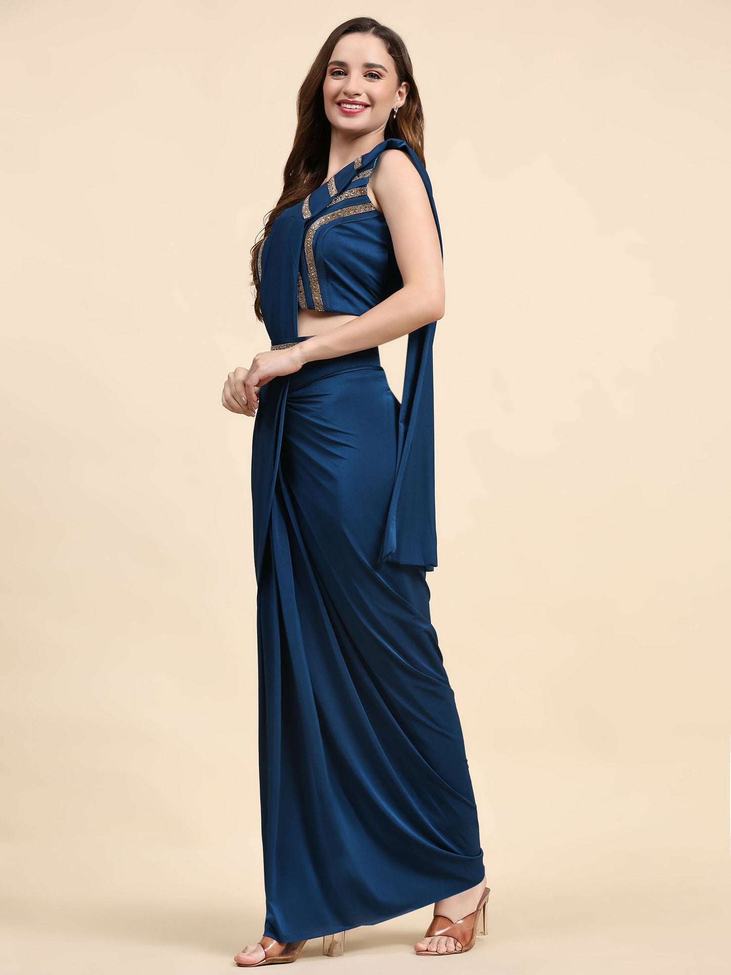 Blue Polyester Solid Ready to Wear Saree with stitched Blouse - Nita | Swadesiicart