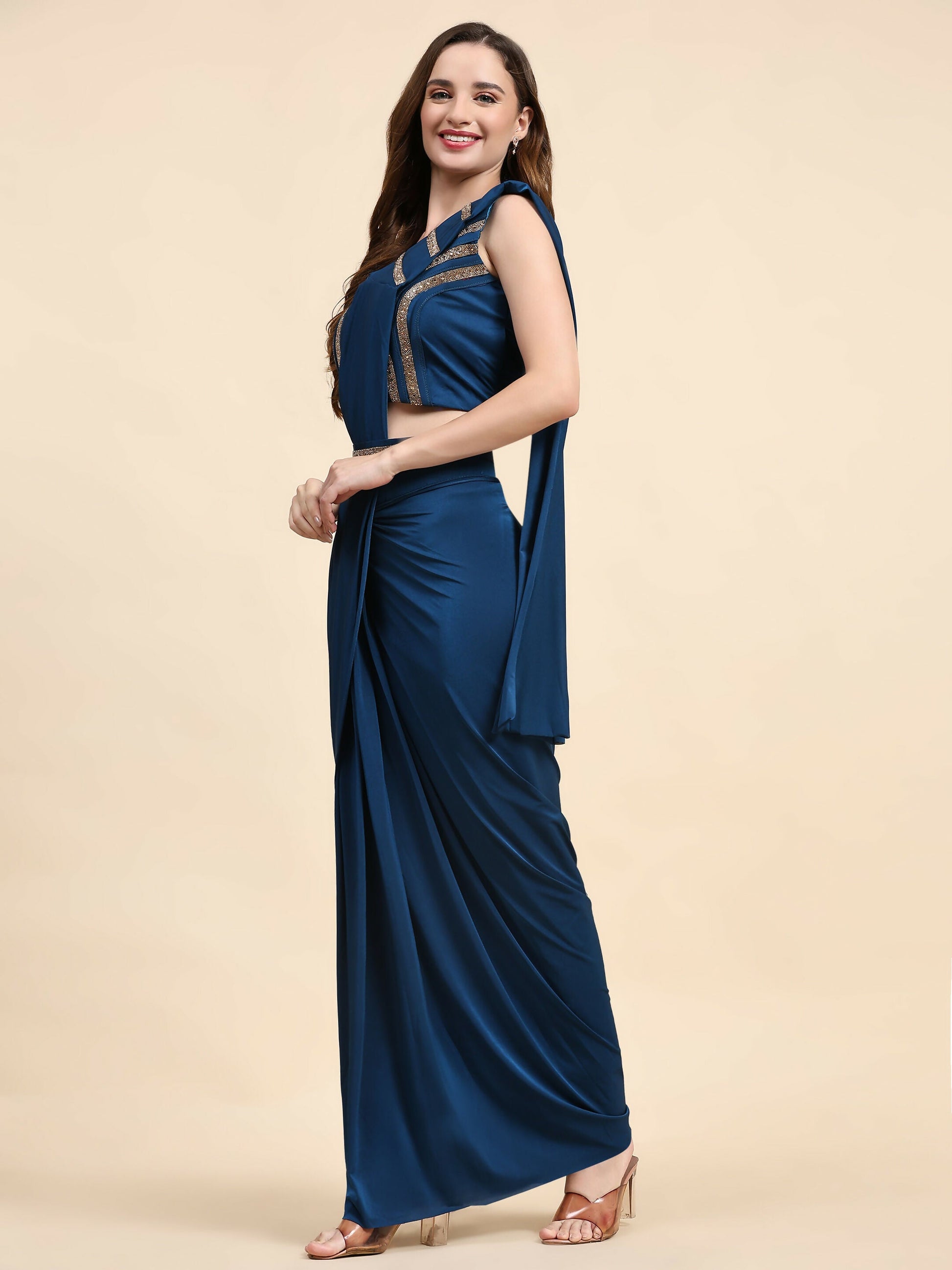 Blue Polyester Solid Ready to Wear Saree with stitched Blouse - Nita | Swadesiicart