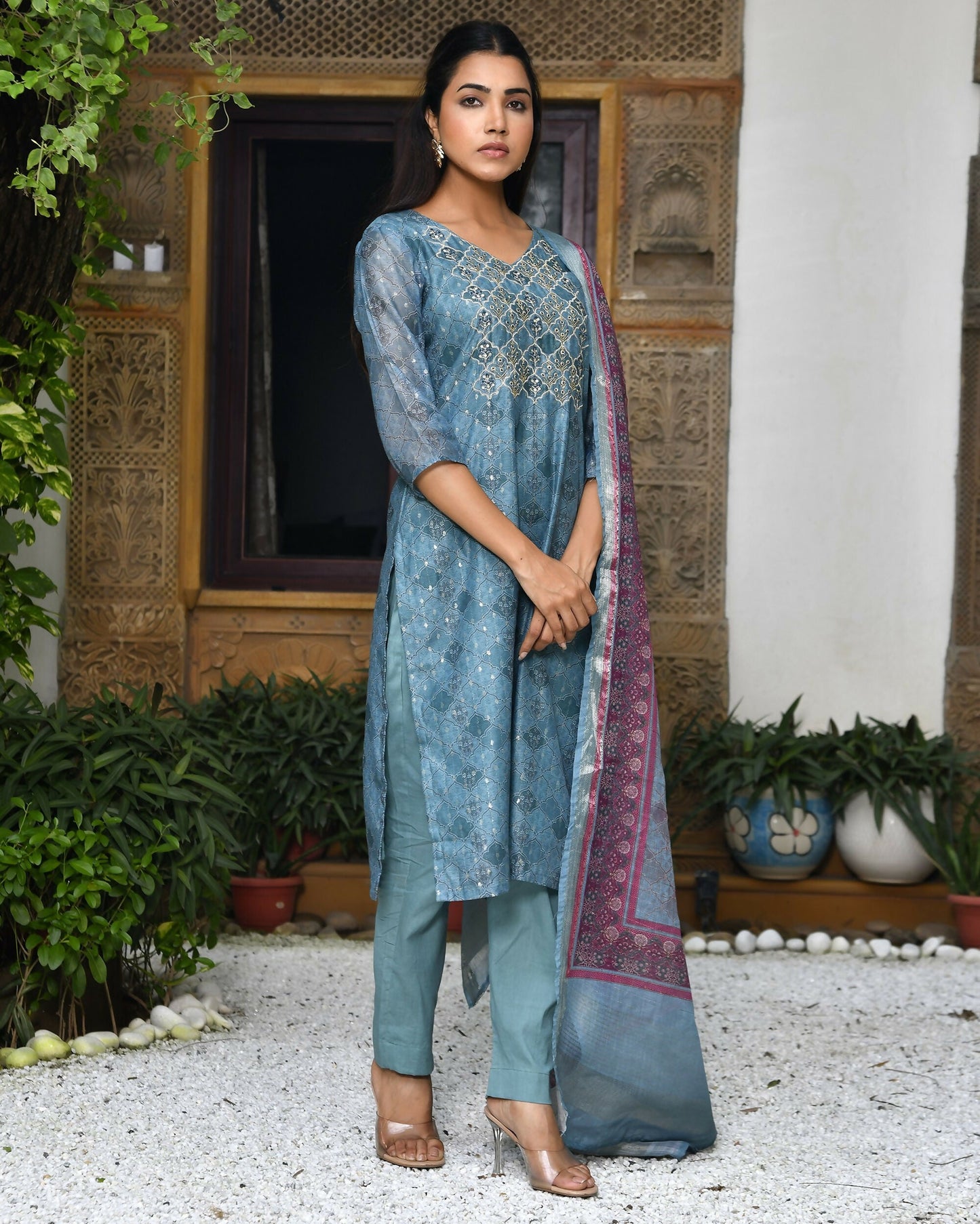 Vaasva Women's Chanderi Printed Suit Set With Pant And Printed Dupatta | Swadesiicart