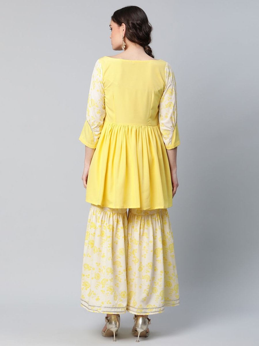 Ahalyaa Women Yellow Crepe Floral Short Kurta with Sharara Set | Swadesiicart