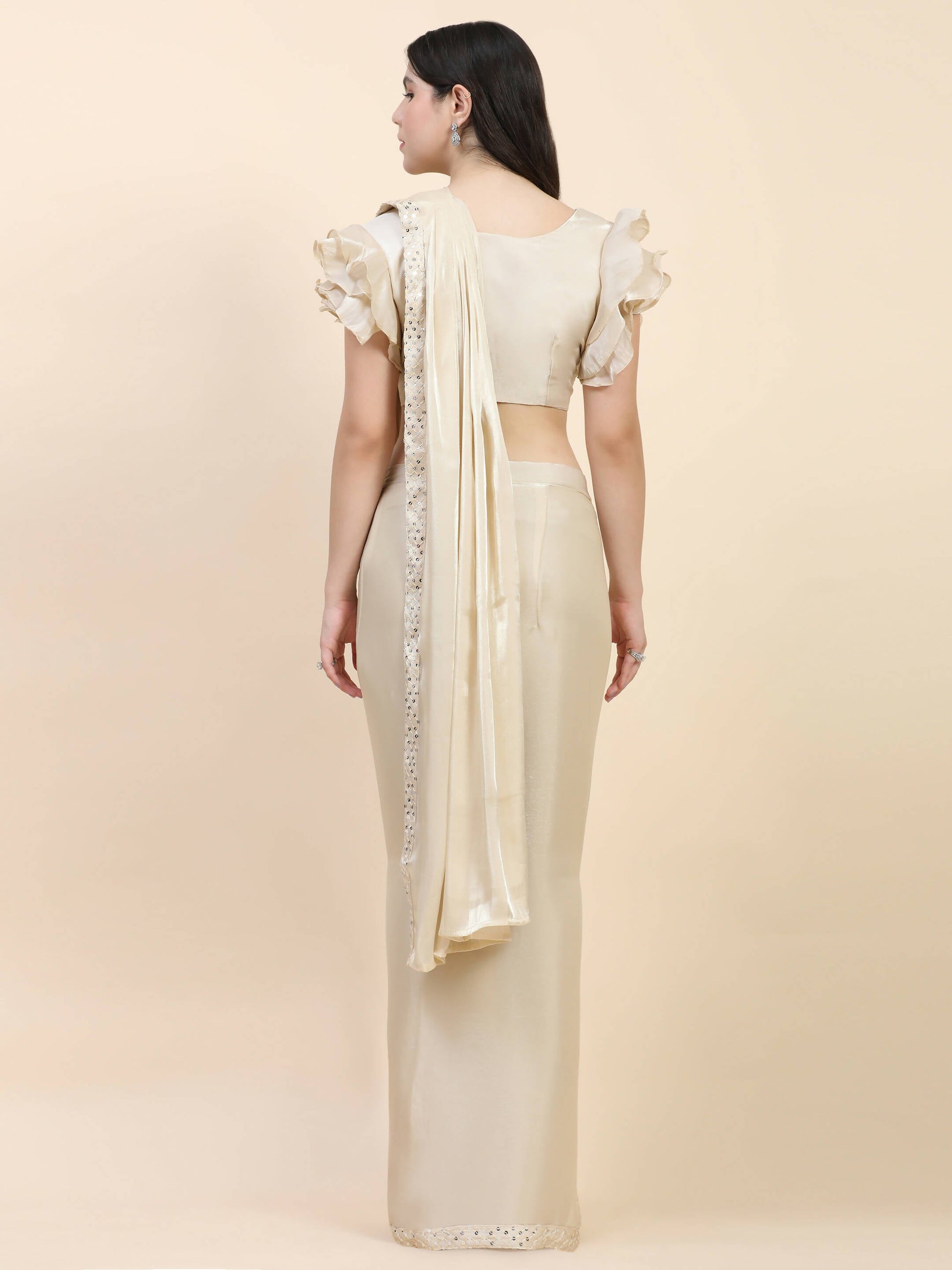 Beige Silk Satin Sequence Work Ready to Wear Saree with stitched Blouse - Nirvana | Swadesiicart