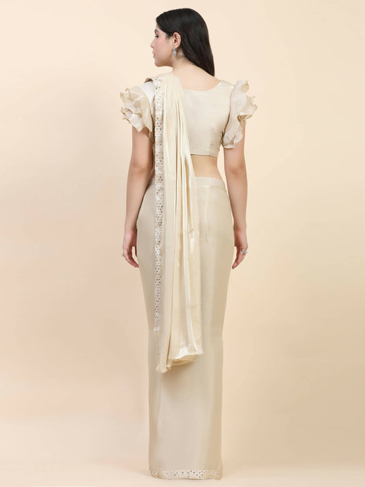 Beige Silk Satin Sequence Work Ready to Wear Saree with stitched Blouse - Nirvana | Swadesiicart