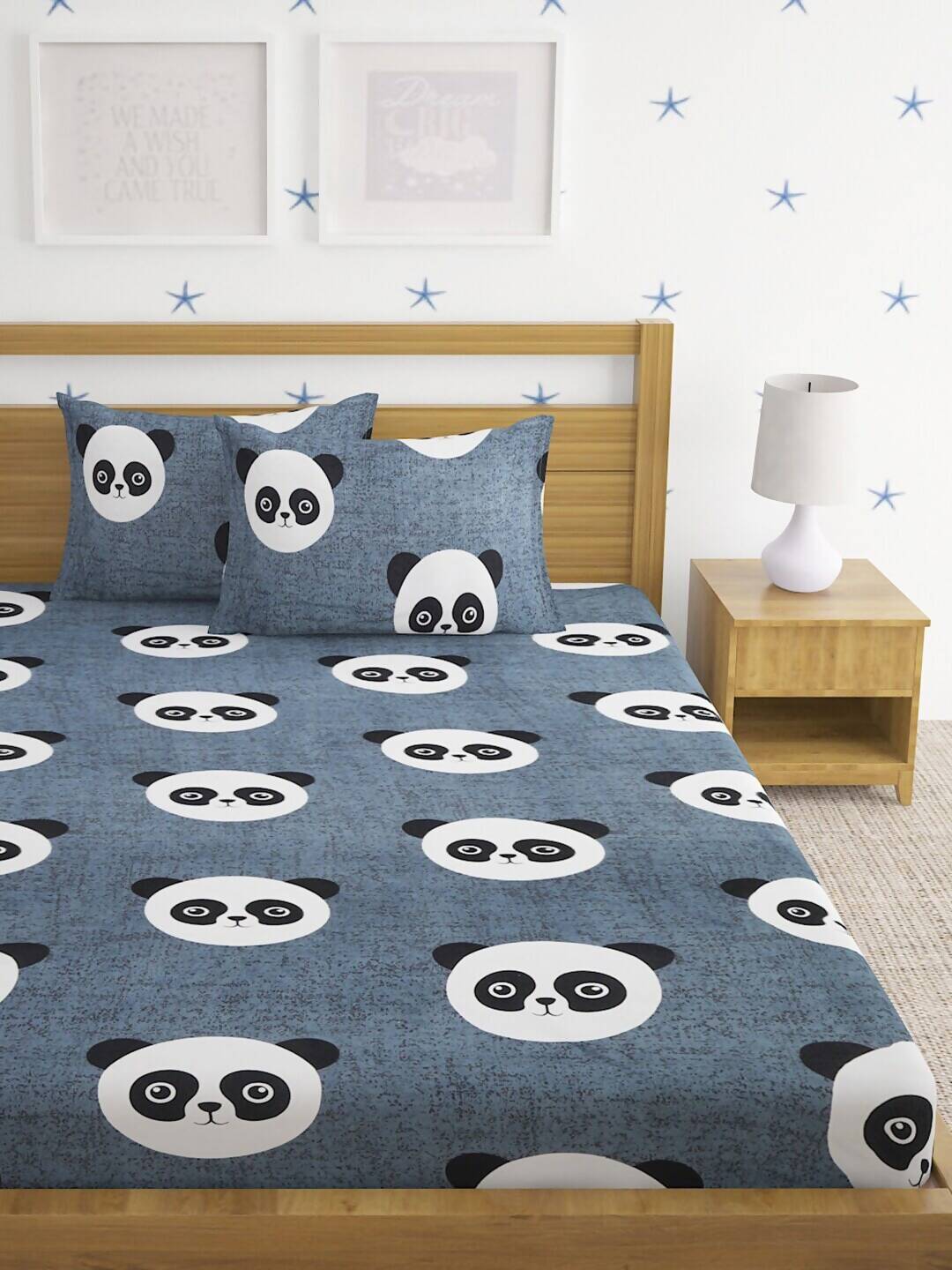 Home Sizzler Grey & White Panda 210 TC Bedsheet with Pillow Cover - Swadesiicart