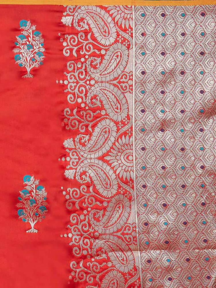 Varkala Silk Sarees Women's Red Banarasi Silk Saree With Unstitched Blouse Piece | Swadesiicart