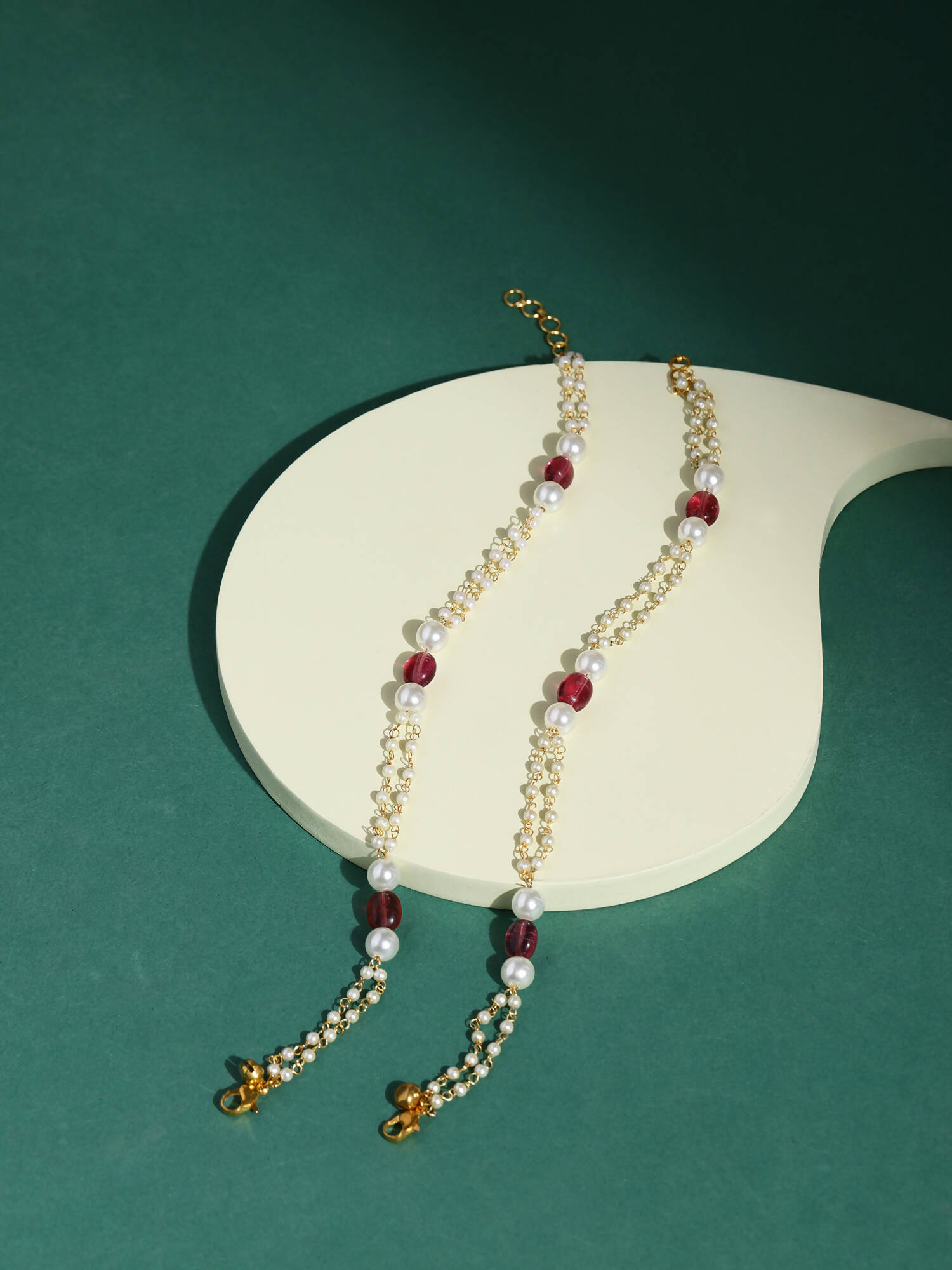 Gold-Polished Pink White Pearl Beaded Anklets Set Of 2 - Ruby Raang | Swadesiicart