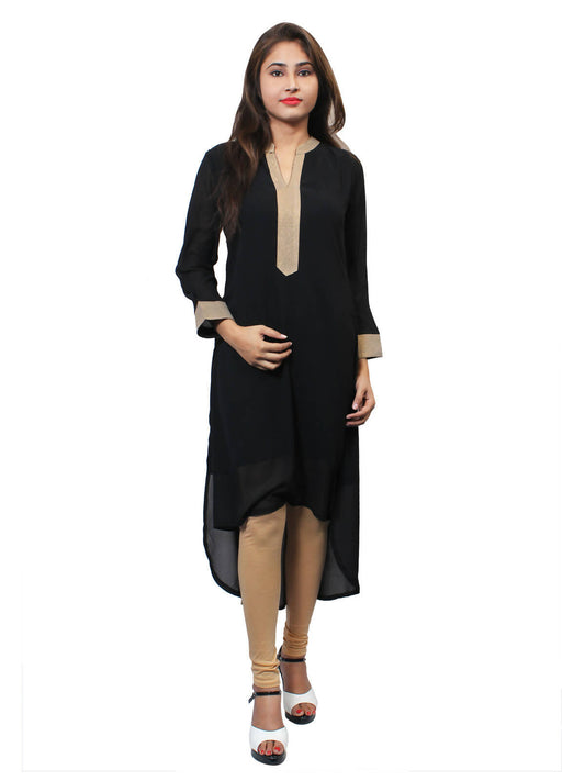 Women's Black Kurti With Zari Placket, Up Down Look - G & A Apparels | Swadesiicart