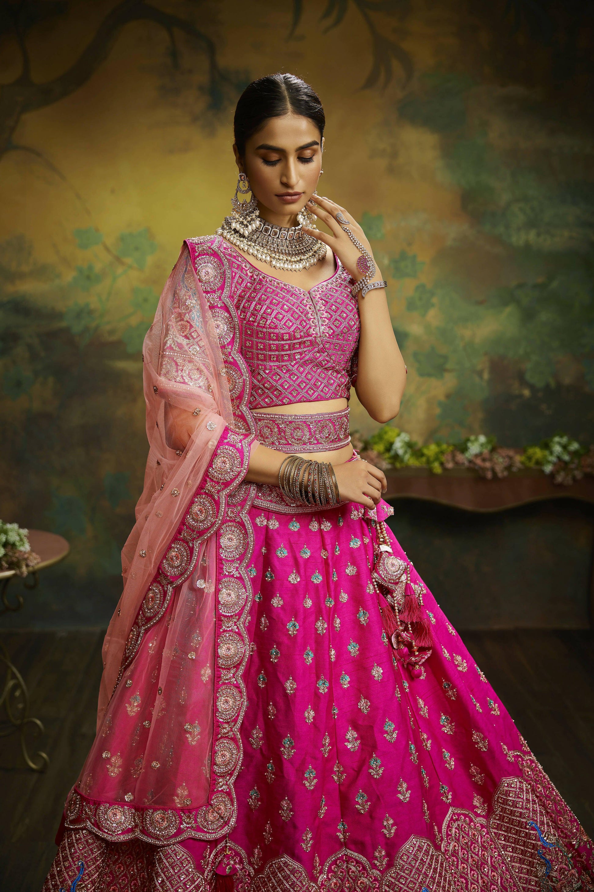 House of Panchhi Pink Pure Silk Moti & Zarkan heavy embroidery Lehenga choli & Dupatta | Swadesiicart