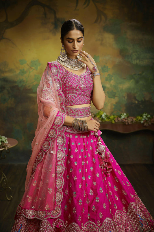 House of Panchhi Pink Pure Silk Moti & Zarkan heavy embroidery Lehenga choli & Dupatta | Swadesiicart