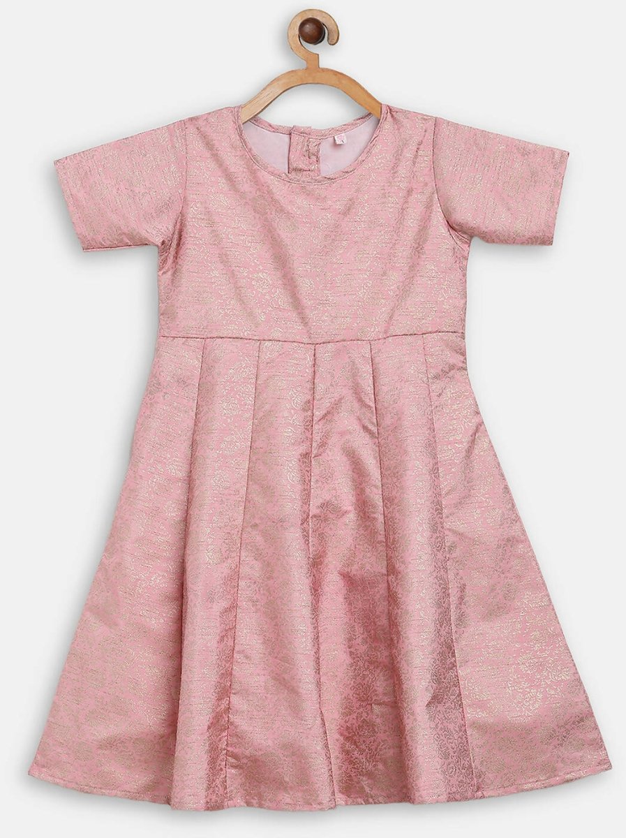 Ahalyaa Pink Poly Silk Gold Print Girl's Kids Dress For Girls | Swadesiicart