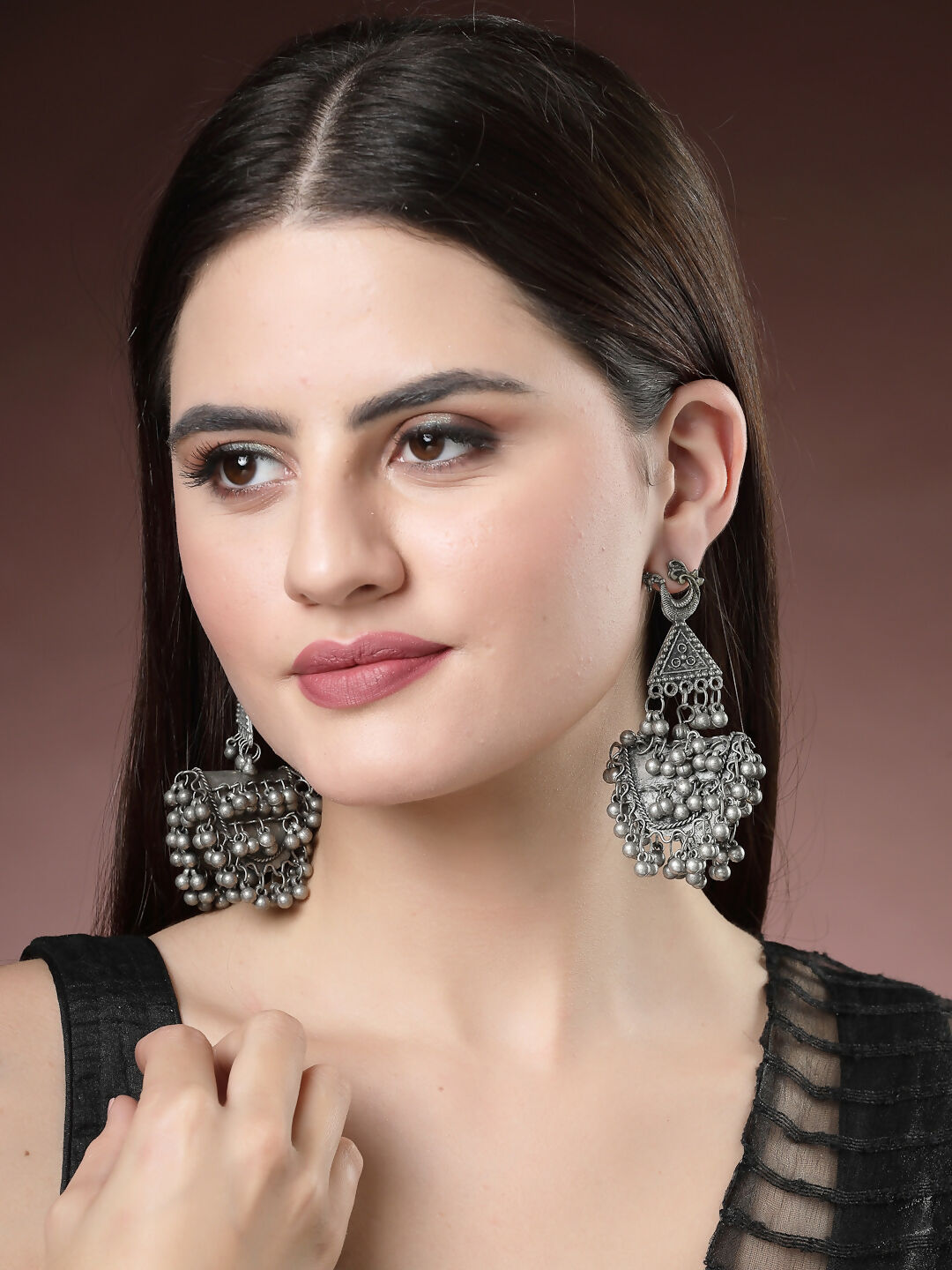 NVR Women's Silver-Plated Oxidised Contemporary Drop Earrings | Swadesiicart