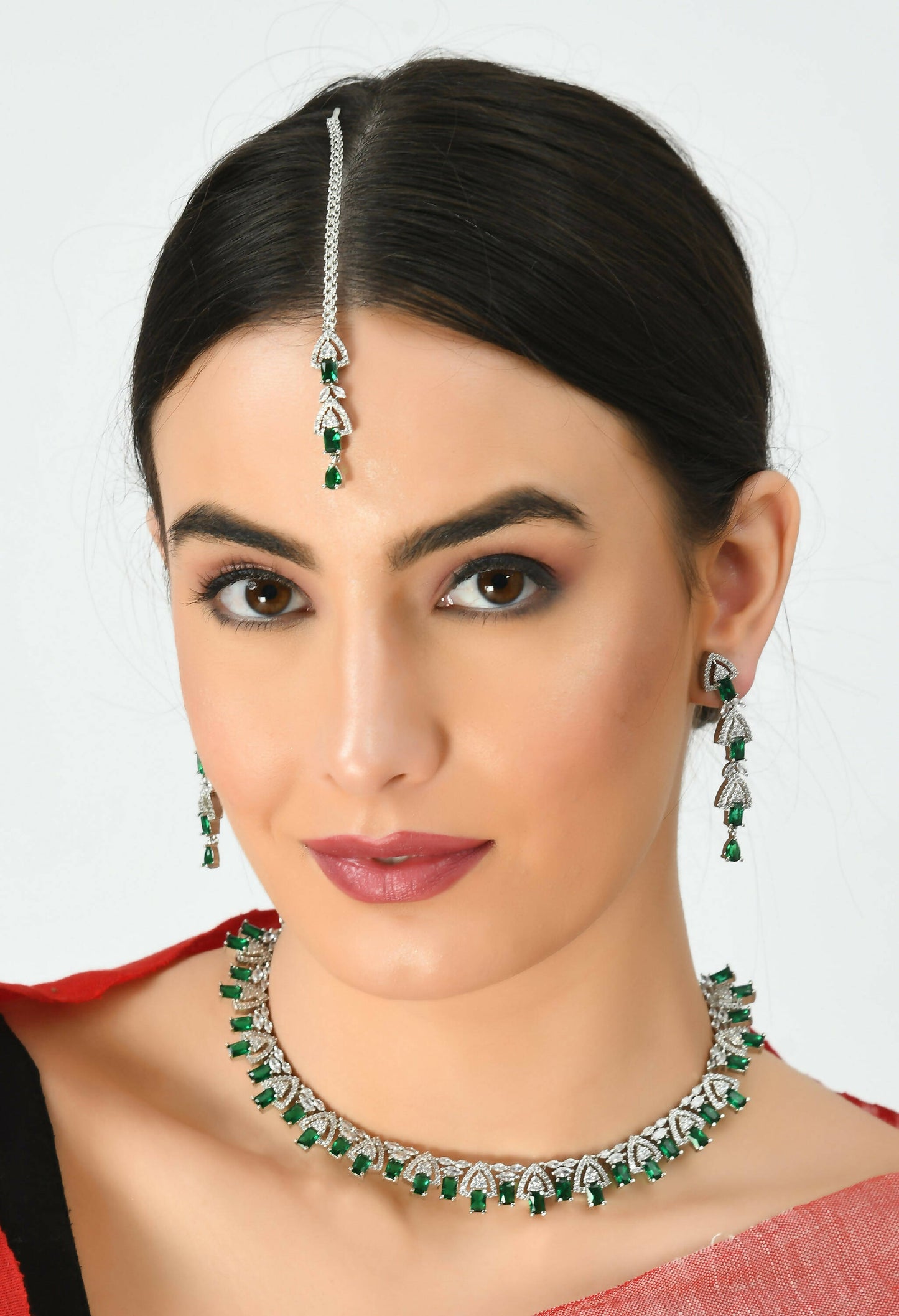 Mominos Fashion Johar Kamal Silver-Plated American Diamond Green Choker Set | Swadesiicart