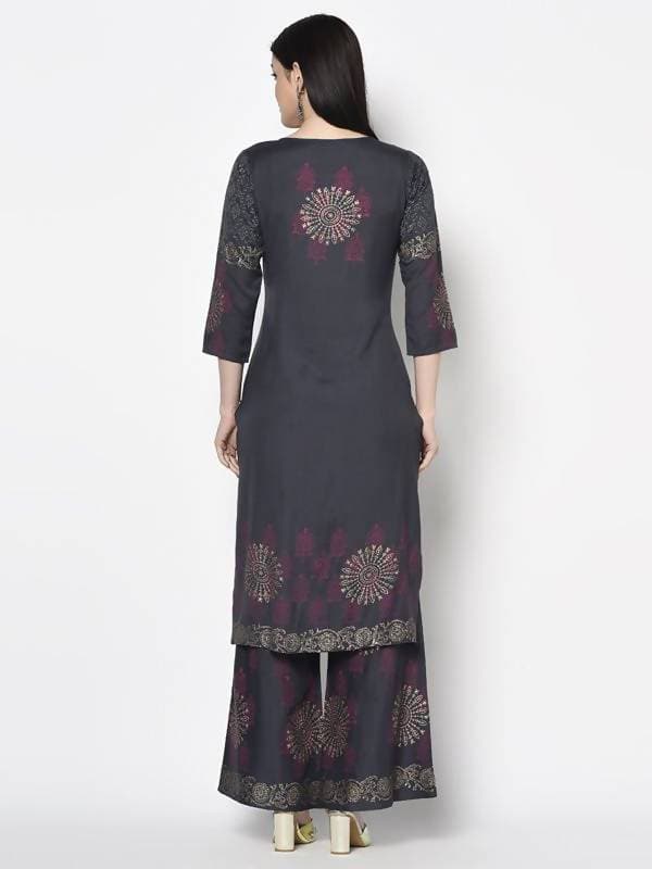 Aniyah Rayon Dark Grey Color Block Print Straight Kurta (AN-203K) - Swadesiicart