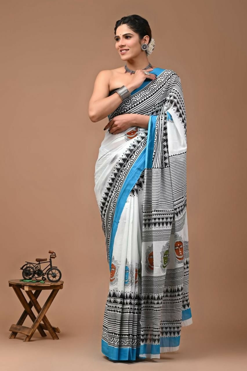 Exclusive Collection Black White Beautiful Mulmul Cotton Saree - Swadesiicart