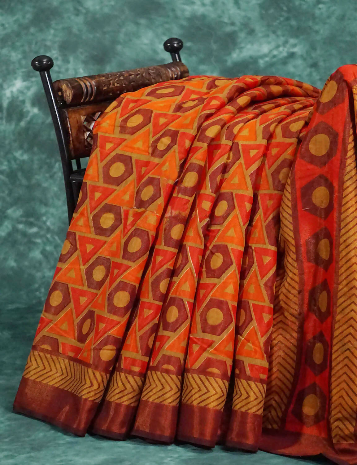 Orange and brown mix geometrical print Semi Chanderi Saree. By Gayathri Reddy Designer Studio | Swadesiicart