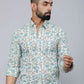 Miravan Men's Spread Collar White & Green Floral Print Slim Fit Shirt | Swadesiicart