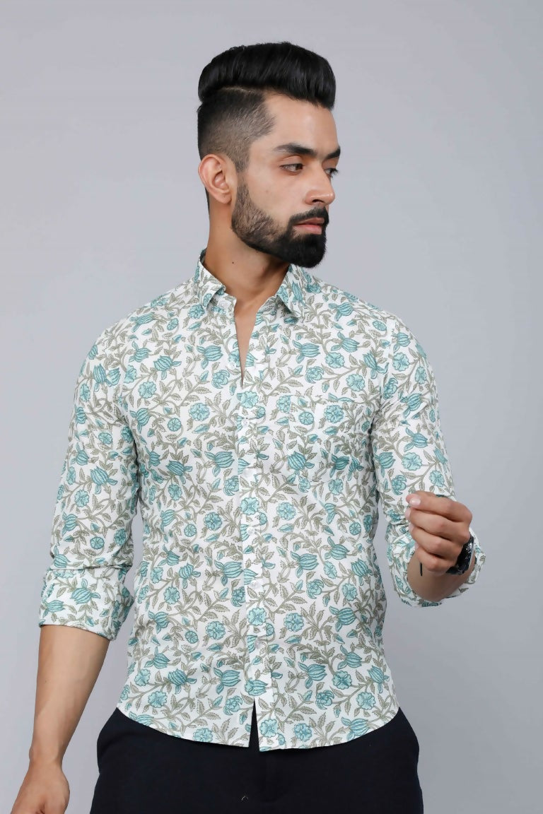 Miravan Men's Spread Collar White & Green Floral Print Slim Fit Shirt | Swadesiicart