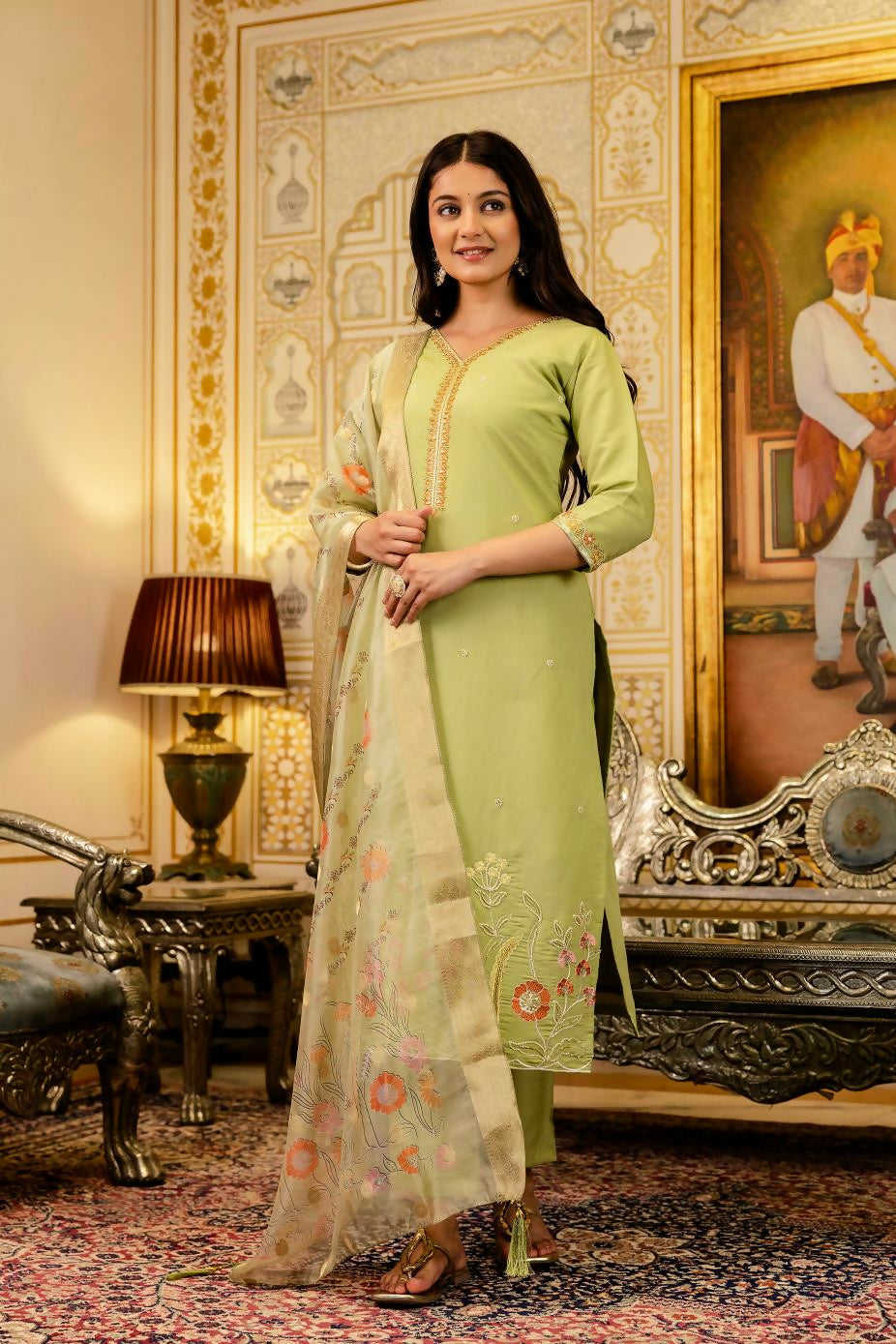 The52 Lemons Women's Beautiful Viscose Shimmer Fabric Embroidered Work Straight Kurta Pant and Dupatta Set - Swadesiicart