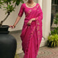 Vishnu Weaves Women's Pink Linen Silk Zari Weaving Saree with Blouse - Swadesiicart