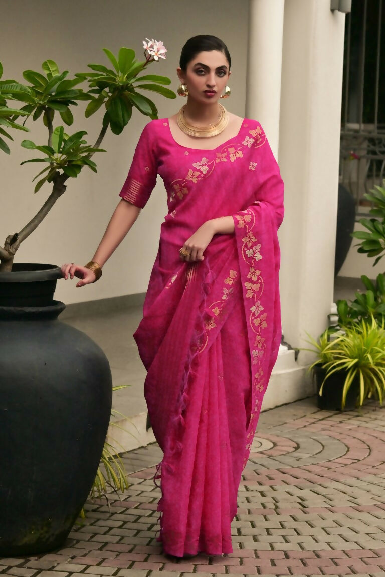Vishnu Weaves Women's Pink Linen Silk Zari Weaving Saree with Blouse - Swadesiicart