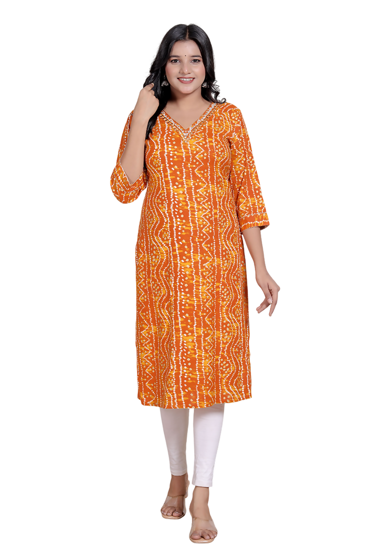 Miravan Womens Yellow Bandhani Printed Straight Kurti - Swadesiicart