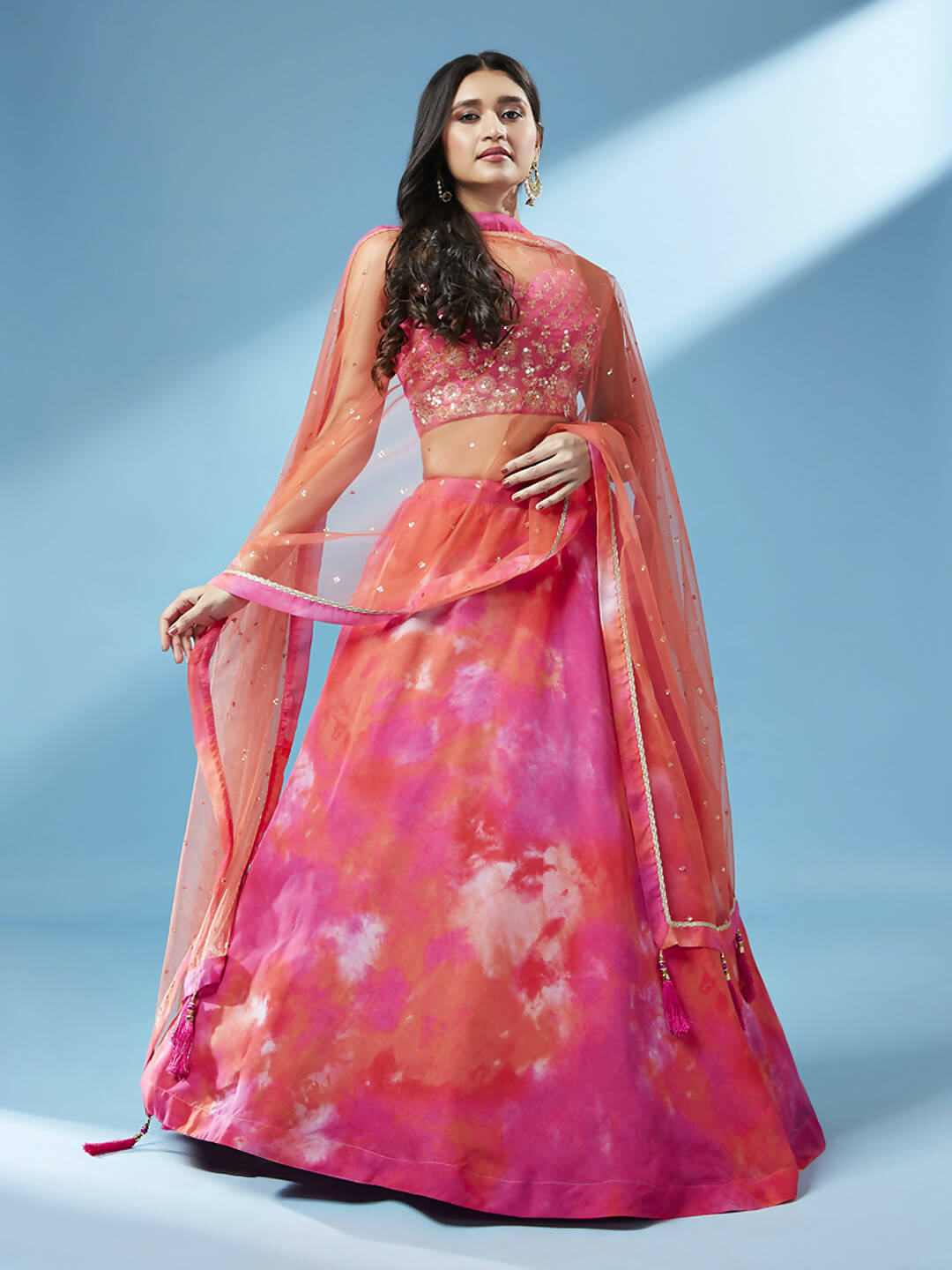 House of Panchhi Orange Organza Shibori Printed Lehenga choli & Dupatta | Swadesiicart