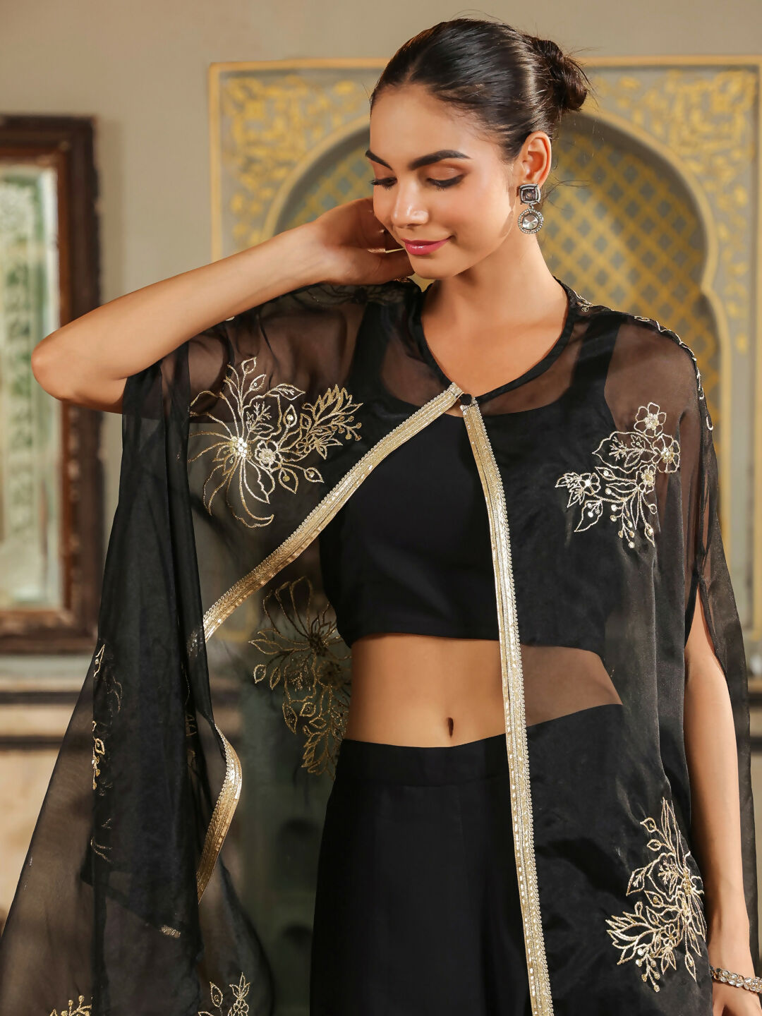 Janasya Black Georgette Solid Top Bottom Cape | Swadesiicart