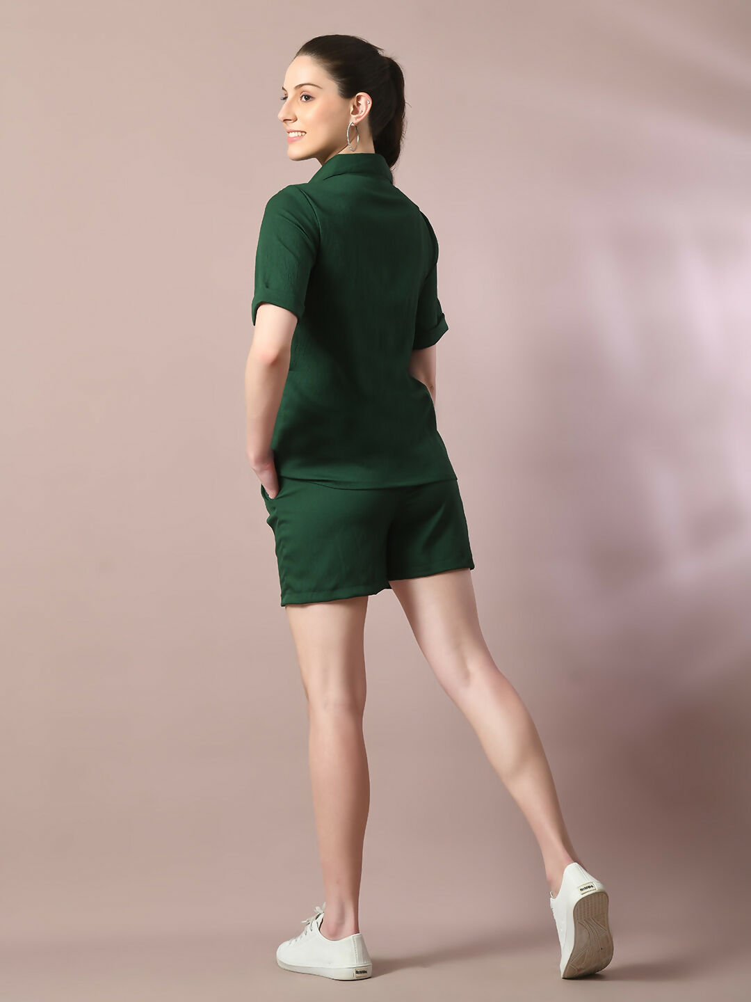Myshka Women's Green Solid Shirt Collar Party Shirt With Shorts Co-ord set - Swadesiicart
