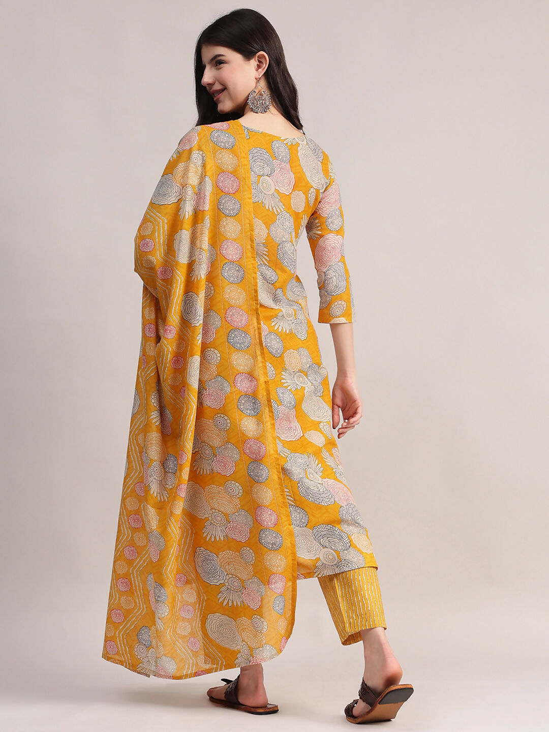 Aavyora Women Yellow Floral Printed Kurta with Striped Pants & Dupatta Set - Swadesiicart