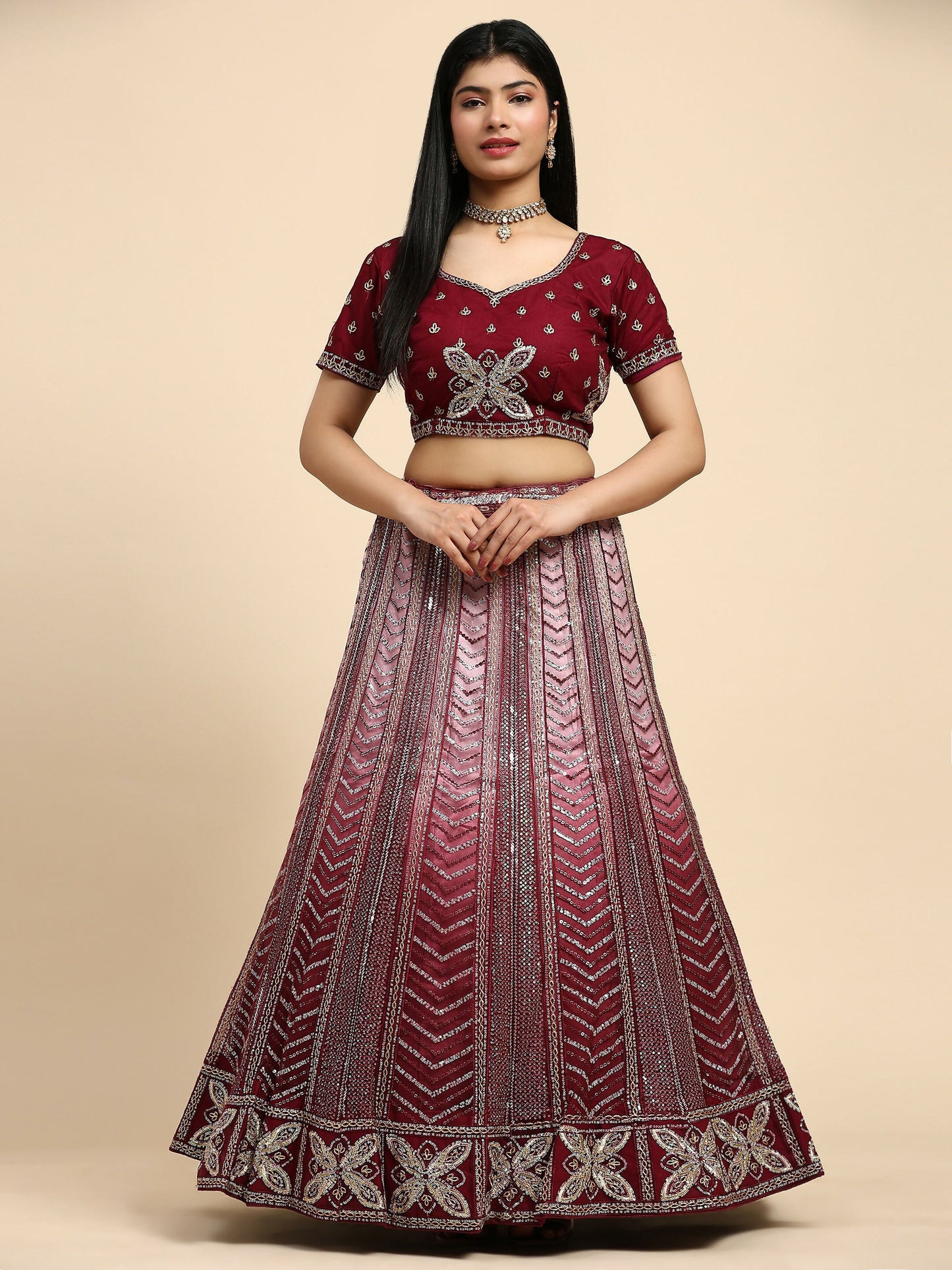 Maroon Fancy Net Sequence Embroidered Lehenga Choli with Dupatta - Dhara | Swadesiicart