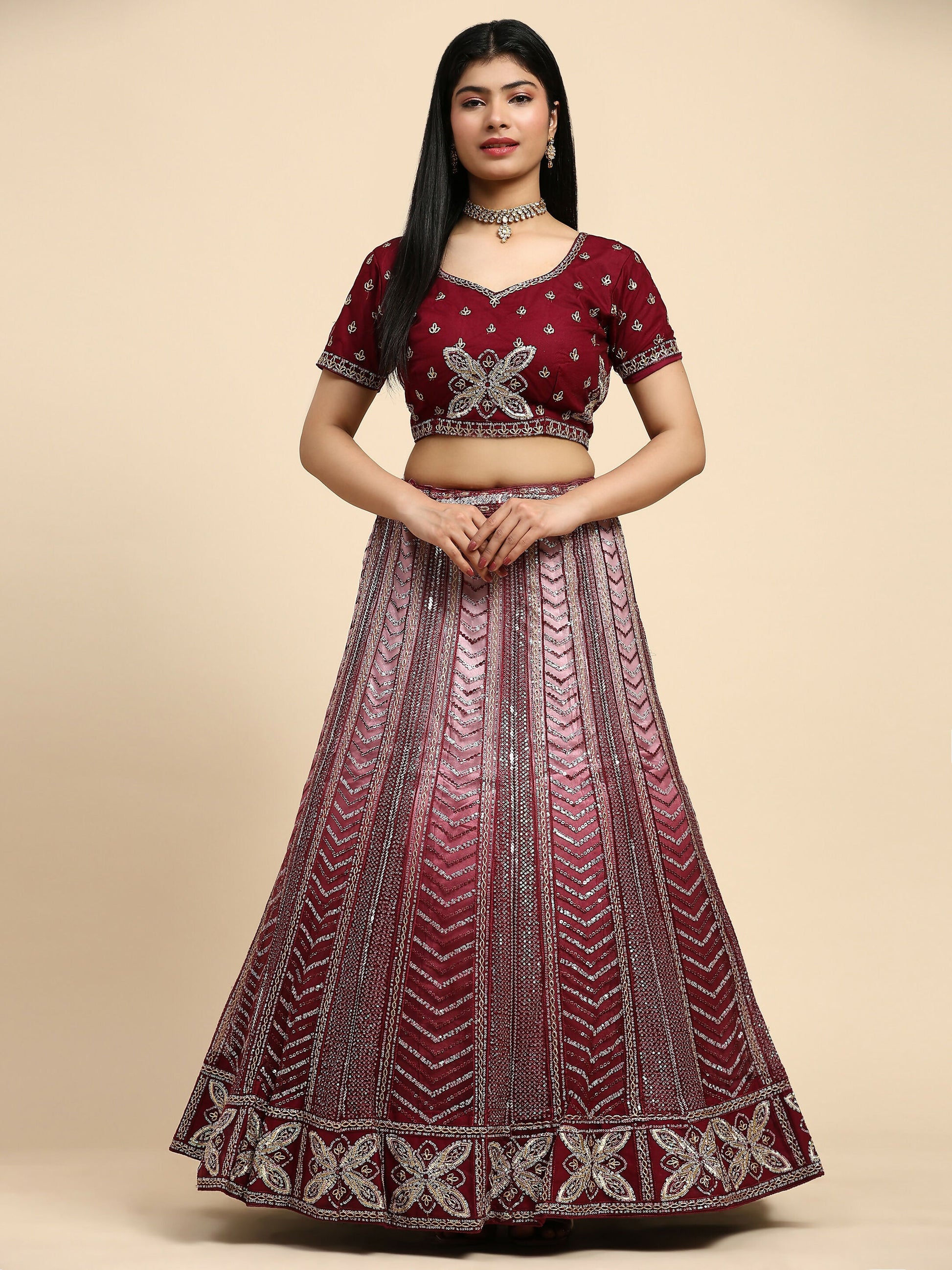 Maroon Fancy Net Sequence Embroidered Lehenga Choli with Dupatta - Dhara | Swadesiicart