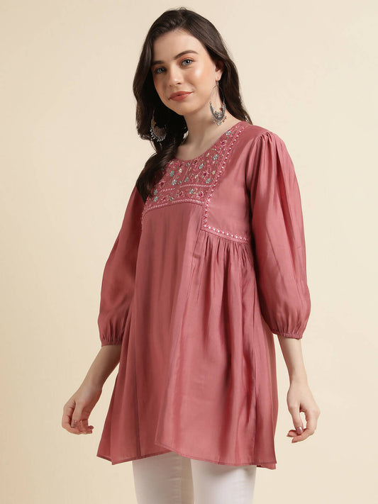 Pink Chinon Yoke Embroidered A-line Top - Tarini - Swadesiicart