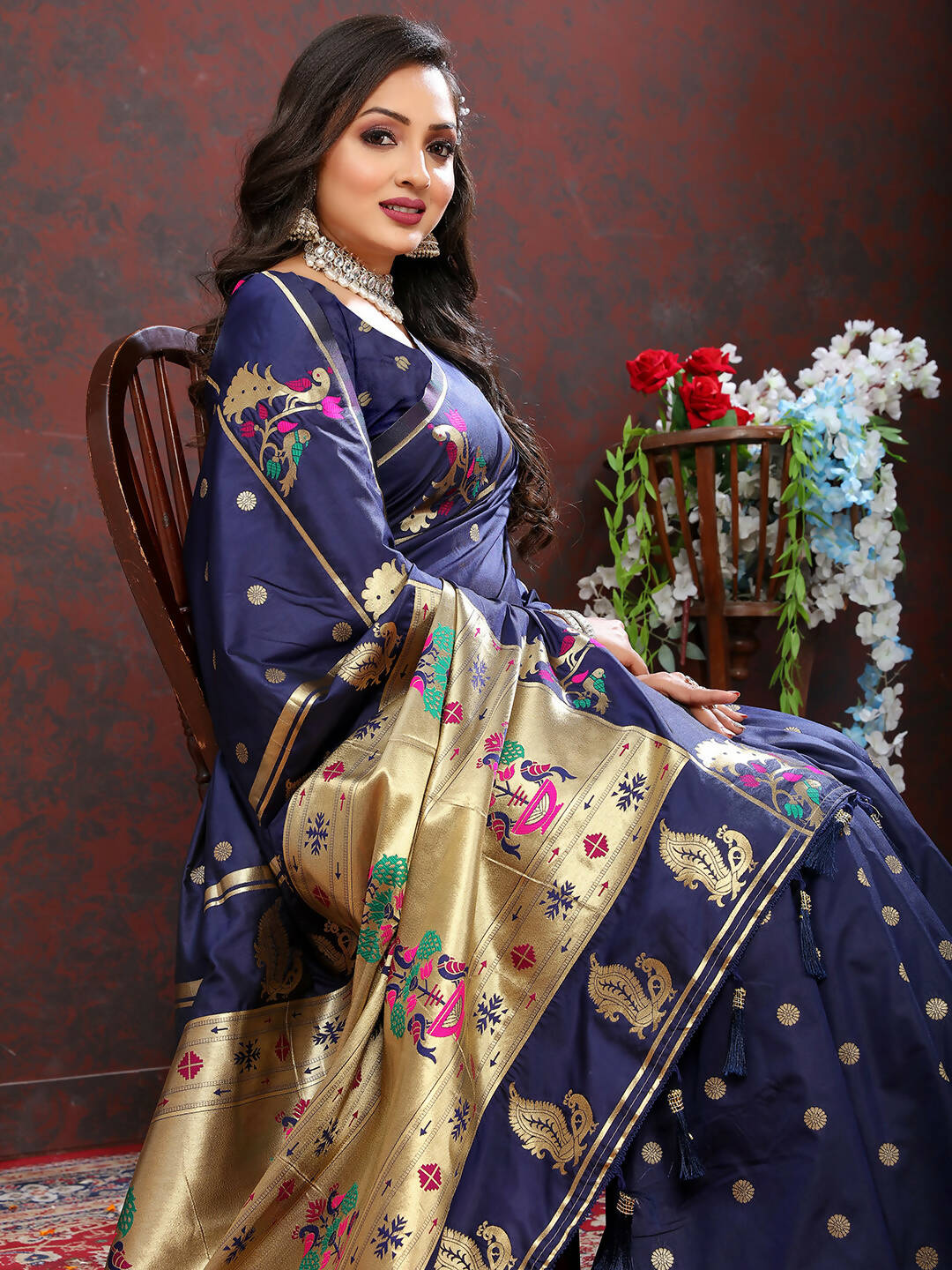Lorenvalley Fashion Navyblue Soft Paithani Silk Woven Design Gold Zari Meenakari Weaving Saree - Swadesiicart