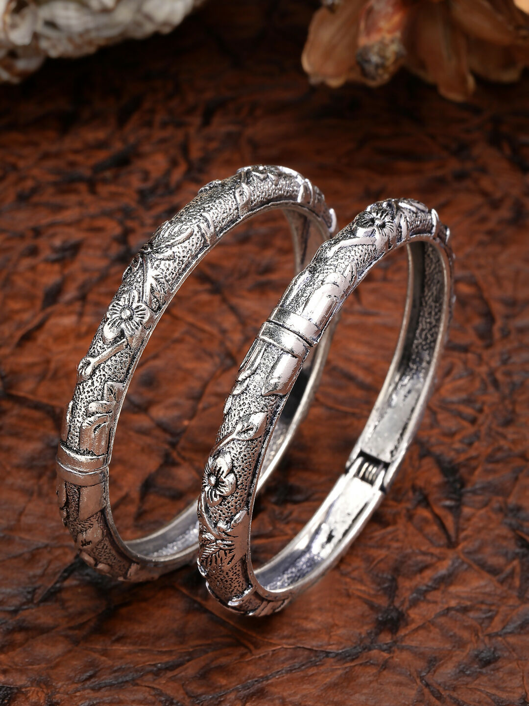 NVR Women's Silver-Toned German Silver Floral Oxidised Kada Bangle - Swadesiicart