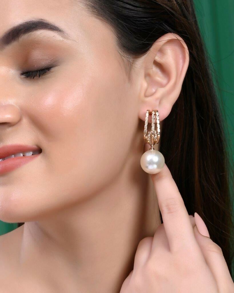 VOJ Set Of 2 Korean Drop Earrings - Gold-Polished and Silver Plated With White Pearl - Swadesiicart