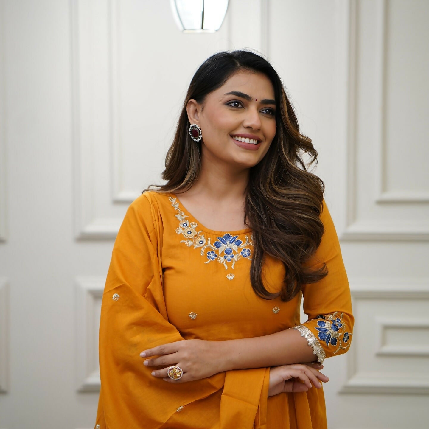 The52 Orange Women's Gorgeous Viscose Fabric Embroidered Work Flared Kurta Pant and Dupatta Set - Swadesiicart