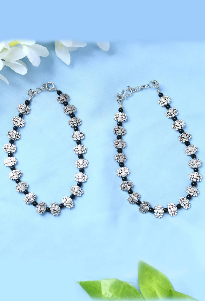 Mominos Fashion Kamal Johar Oxidised Silver Black Beads Anklets | Swadesiicart
