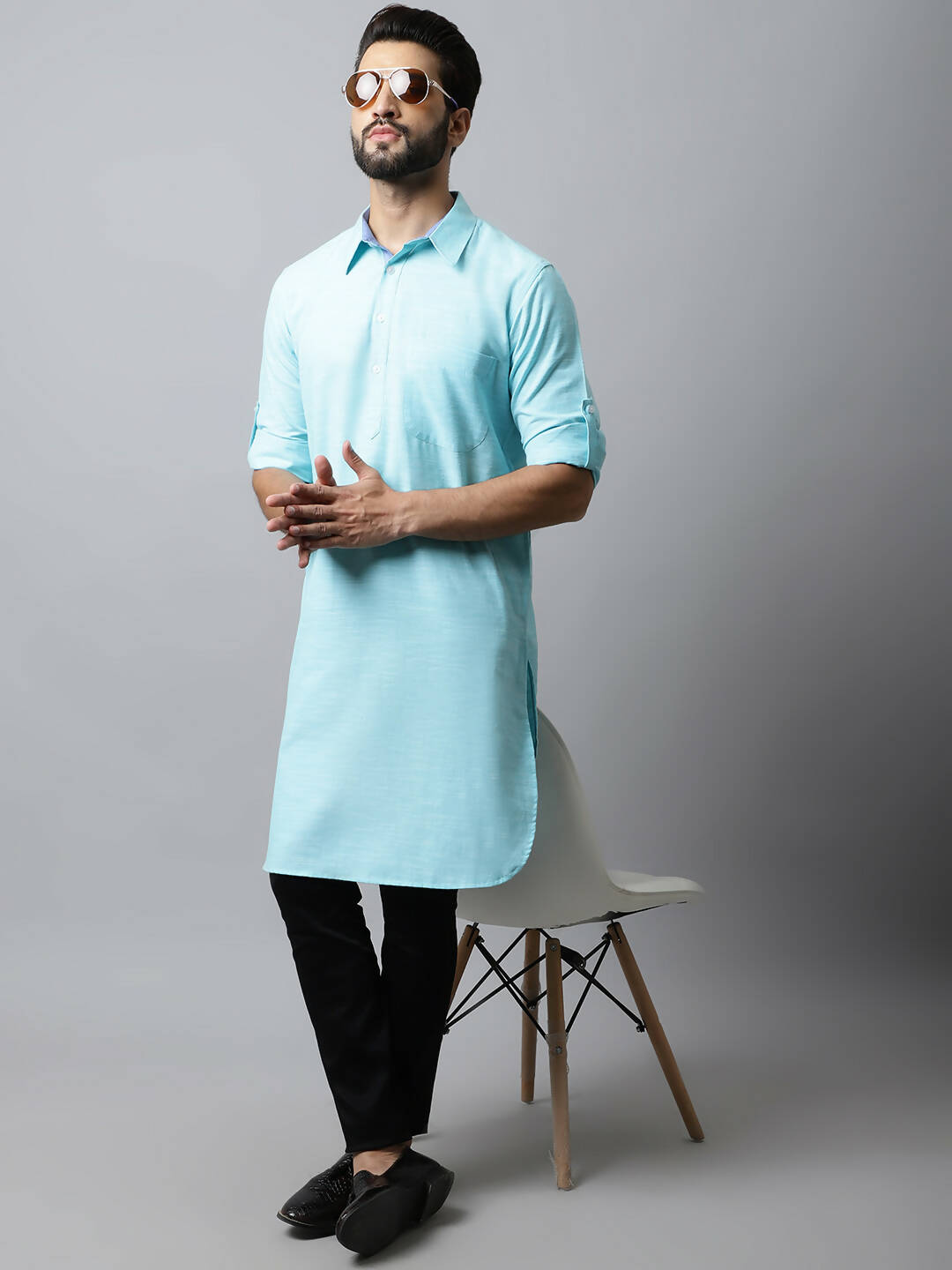 Even Apparels Blue Color Pure Cotton Solid Men's Kurta With Shirt Collar (SLD1132) | Swadesiicart