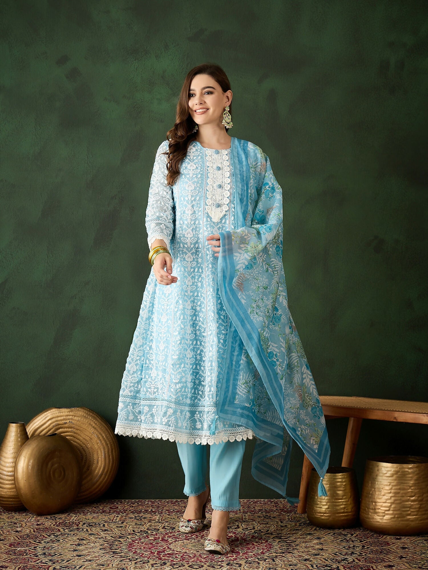 Blue Crystal Organza schiffli embroidery Kurta With Trouser & Dupatta - Bhumi