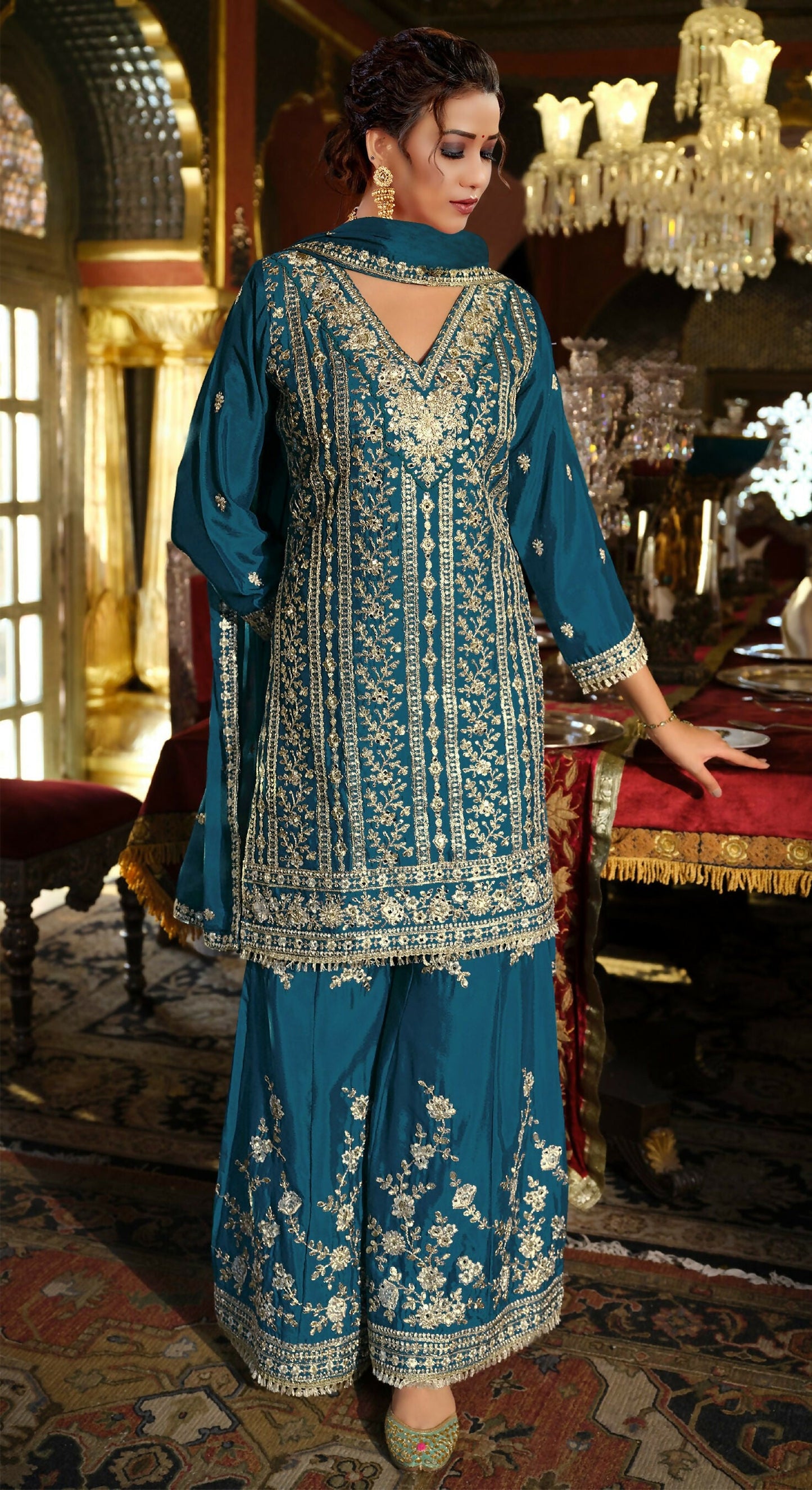 Anaita Teal Blue Chinon Stitched Suit with Embroidery Codding Sequence Work